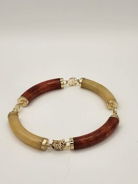 Vintage 14K Gold Multicolor Jade Fu Lu Shou Xi Bracelet 8"